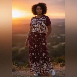 Reborn J Burgundy Floral Maxi Dress with Cream Blossoms